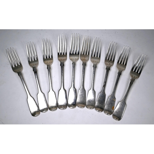 39 - Ten silver fiddle pattern dessert forks - various makers and dates, mostly 19th century, 18oz (562g)