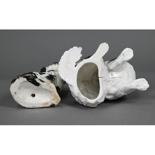 398 - Pair of Staffordshire pottery dalmatians, 13 cm high; a pair of poodles holding baskets of flowers i... 