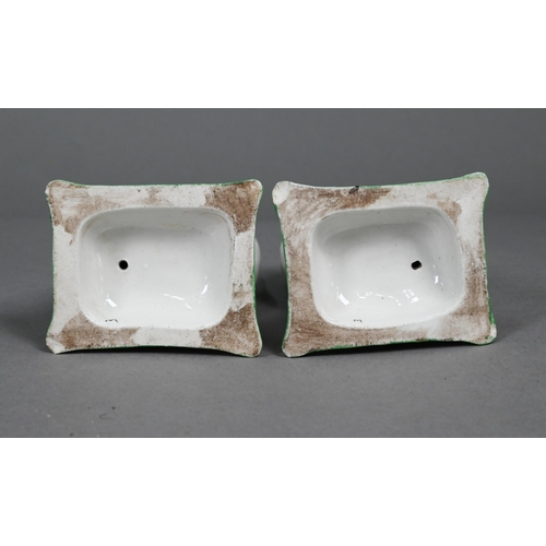 398 - Pair of Staffordshire pottery dalmatians, 13 cm high; a pair of poodles holding baskets of flowers i... 