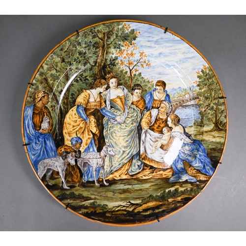 404 - Two 18th century Italian Castelli majolica chargers, painted with Moses and the Princess of Egypt an... 