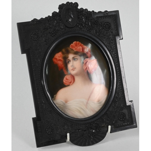 408 - A Berlin porcelain plaque, painted with a young lady with floral ribbon headdress, 'Roter Mohn' (Red... 