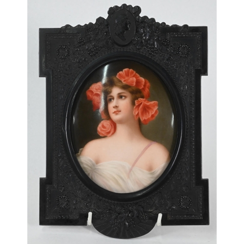 408 - A Berlin porcelain plaque, painted with a young lady with floral ribbon headdress, 'Roter Mohn' (Red... 