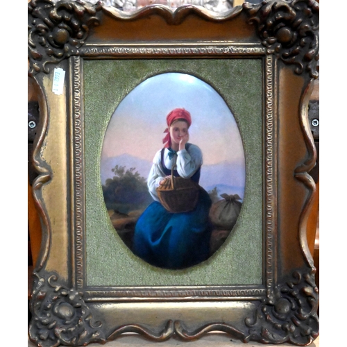 410 - A 19th century German porcelain oval plaque, painted with young lady with basket and bundle, waiting... 