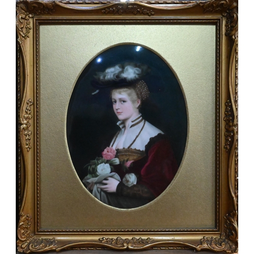 413 - A 19th century German porcelain oval plaque, painted with young lady in 17th century costume, impres... 