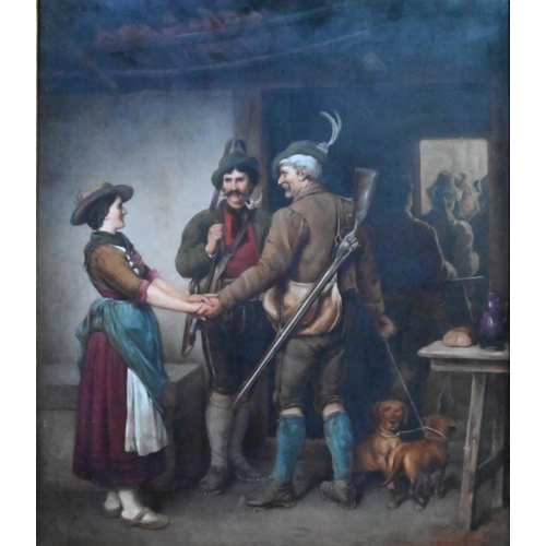 417 - A KPM Berlin porcelain rectangular plaque, painted with German hunting party setting off, signed A. ... 