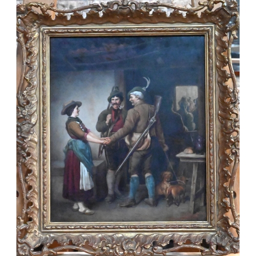 417 - A KPM Berlin porcelain rectangular plaque, painted with German hunting party setting off, signed A. ... 