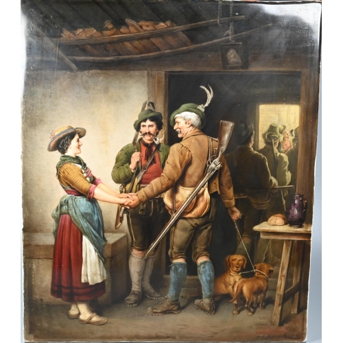 417 - A KPM Berlin porcelain rectangular plaque, painted with German hunting party setting off, signed A. ... 