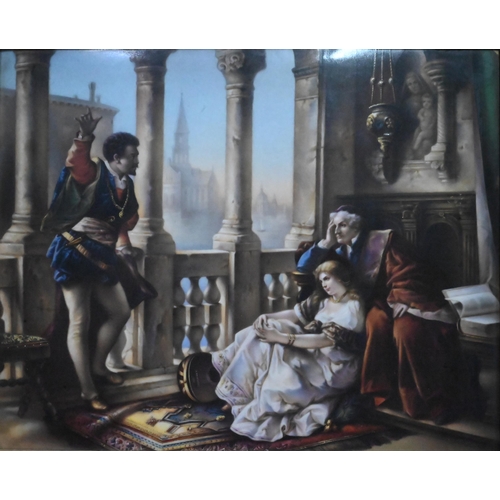 418 - A KPM Berlin porcelain rectangular plaque, painted with Othello relating his adventures to Desdemona... 