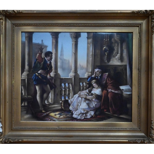 418 - A KPM Berlin porcelain rectangular plaque, painted with Othello relating his adventures to Desdemona... 