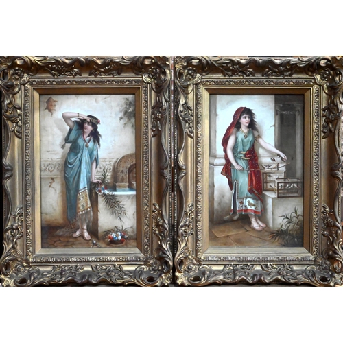 419 - A pair of Continental plaques, painted with 'A Pompeiian Flower Girl' and 'The Bird-Seller', after H... 