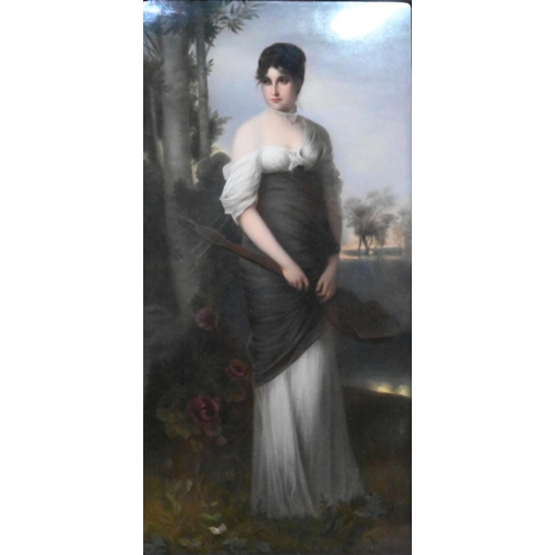 420 - A KPM Berlin plaque, painted with an elegant lady with mandolin, after Kaulbach, 32 x 16 cm