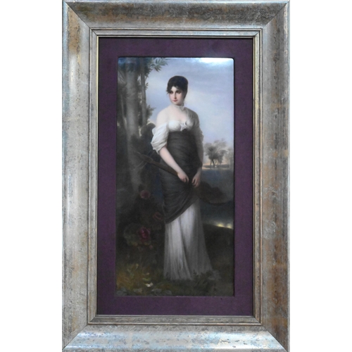 420 - A KPM Berlin plaque, painted with an elegant lady with mandolin, after Kaulbach, 32 x 16 cm