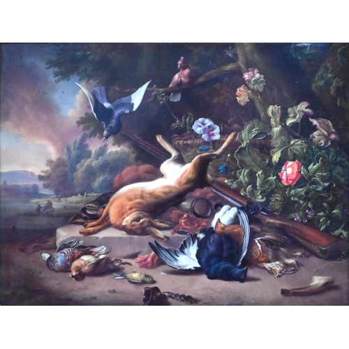 424 - A Berlin KPM porcelain plaque, painted with still life of game and hunter's gun after Jan Weenix, si... 