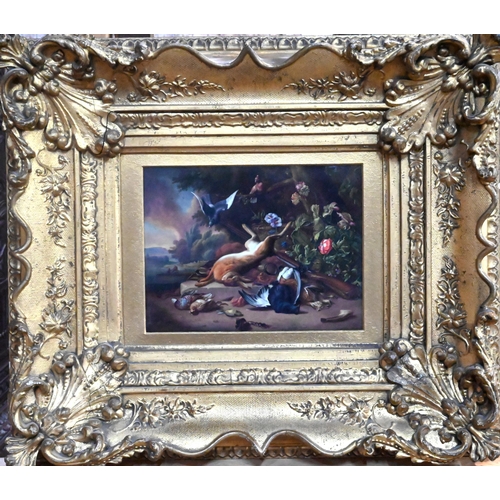 424 - A Berlin KPM porcelain plaque, painted with still life of game and hunter's gun after Jan Weenix, si... 