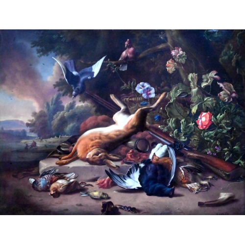 424 - A Berlin KPM porcelain plaque, painted with still life of game and hunter's gun after Jan Weenix, si... 