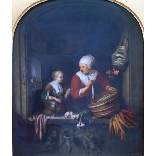 428 - A Vienna porcelain large plaque, painted with 'The Poulterer's Shop', after Gerrit Dou, 43 x 35 cm, ... 