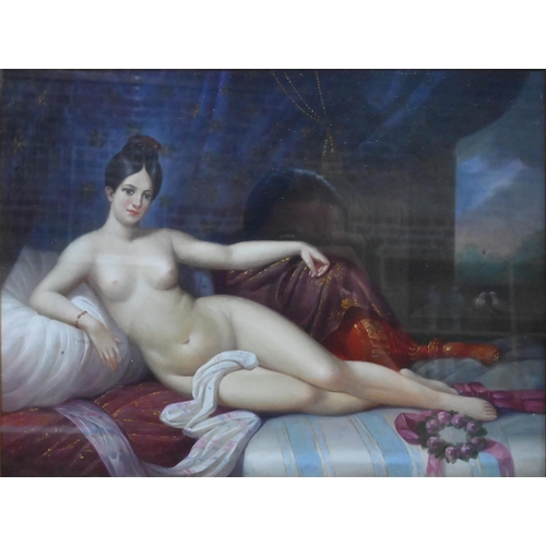 430 - A Continental ceramic large plaque, painted with an Odalisque, 30 x 39 cm, glazed frame