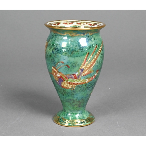 434 - A Wedgwood lustre small vase by Daisy Makeig-Jones, decorated with hummingbirds on a mottled green g... 