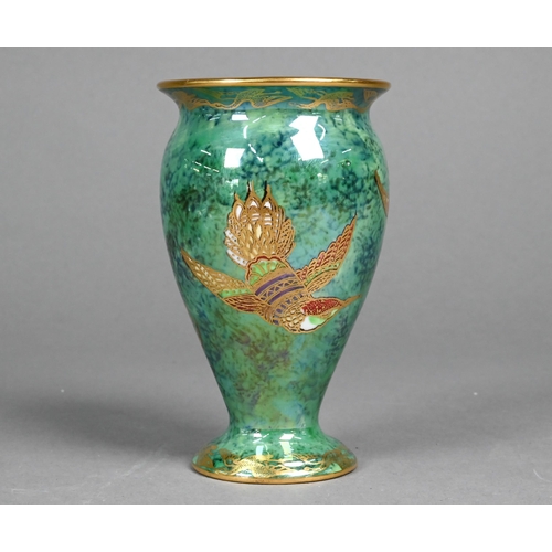 434 - A Wedgwood lustre small vase by Daisy Makeig-Jones, decorated with hummingbirds on a mottled green g... 