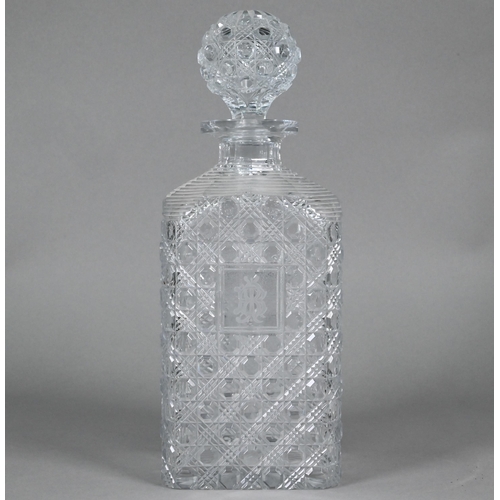 436 - An unusually large square cut glass decanter and stopper, 33 cm high