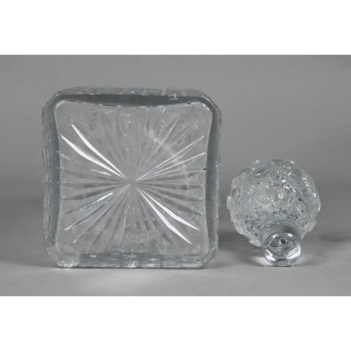 436 - An unusually large square cut glass decanter and stopper, 33 cm high