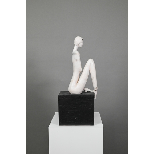 441 - Ferri Farahmandi (Iran), Ponder II - grey marbled ceramic figure, perched on a textured black block ... 