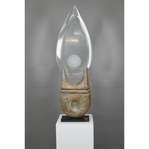 442 - Peter Hayes (b.1946), large glass 'teardrop' blade with frosted concave roundel, supported by a notc... 