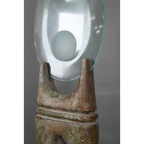 442 - Peter Hayes (b.1946), large glass 'teardrop' blade with frosted concave roundel, supported by a notc... 