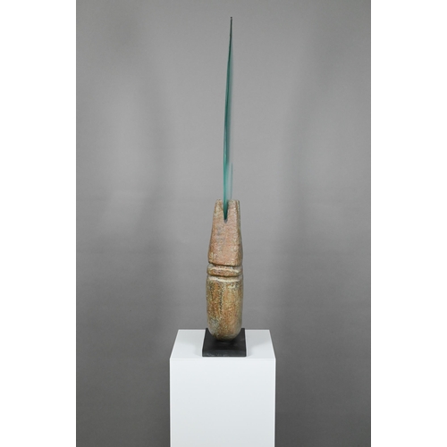 442 - Peter Hayes (b.1946), large glass 'teardrop' blade with frosted concave roundel, supported by a notc... 