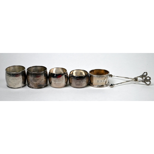 45 - A selection of silver items including Georg Jensen sugar tongs, London import 1929, silver-mounted t... 