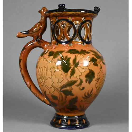 459 - A Hungarian Zsolnay (Pecs) pottery puzzle-jug, painted with a cockerel among shrubbery, with pierced... 