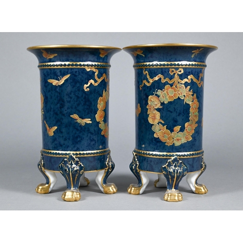 460 - A pair of Royal Crown Derby cylindrical vases with flared rims, gilded floral wreaths and moths on a... 