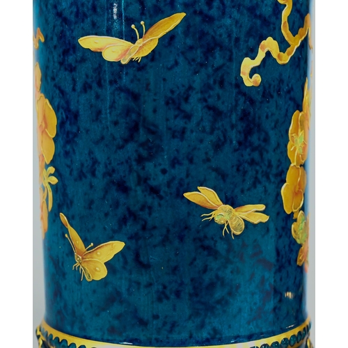 460 - A pair of Royal Crown Derby cylindrical vases with flared rims, gilded floral wreaths and moths on a... 