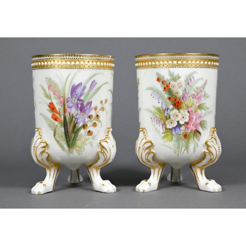 462 - A pair of opaque cream glass spill-vases, finely-painted with floral sprays and with gilded jewellin... 