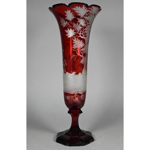 474 - A 19th century Bohemian large ruby flash glass vase, finely-etched with stag and hounds in woodland ... 