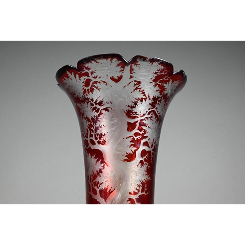 474 - A 19th century Bohemian large ruby flash glass vase, finely-etched with stag and hounds in woodland ... 