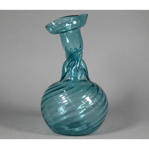 475 - An antique German blue glass Kuttrolf (multi-stemmed vase), with 'collapsed' neck and writhen globul... 