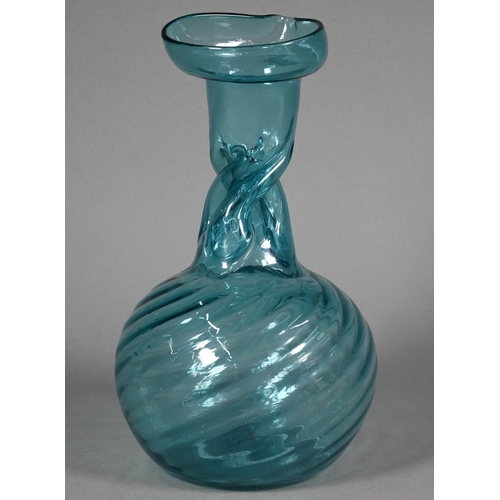 475 - An antique German blue glass Kuttrolf (multi-stemmed vase), with 'collapsed' neck and writhen globul... 