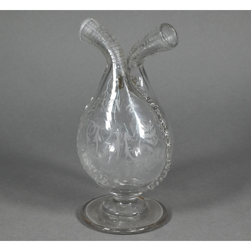 476 - A 19th century Continental oil and vinegar double-necked bottle, etched 'Oly' and 'Azyn' above monog... 