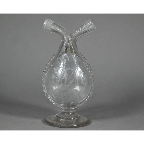 476 - A 19th century Continental oil and vinegar double-necked bottle, etched 'Oly' and 'Azyn' above monog... 