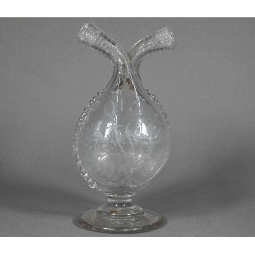 476 - A 19th century Continental oil and vinegar double-necked bottle, etched 'Oly' and 'Azyn' above monog... 