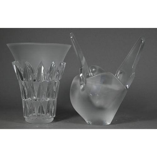 480 - A Lalique glass 'Feuilles' vase with frosted rim, 18.5 cm high (chipped rim), to/w a Crystal Lalique... 