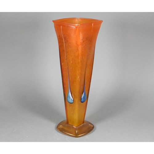 482 - An Art Nouveau square glass vase in the manner of Loetz, with tangerine lustre mottled ground, appli... 