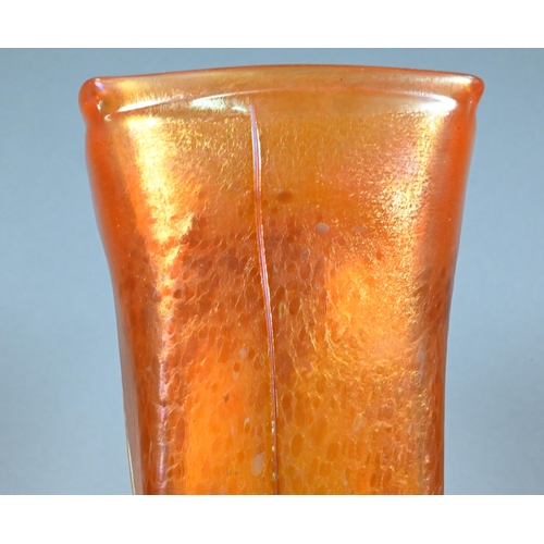 482 - An Art Nouveau square glass vase in the manner of Loetz, with tangerine lustre mottled ground, appli... 