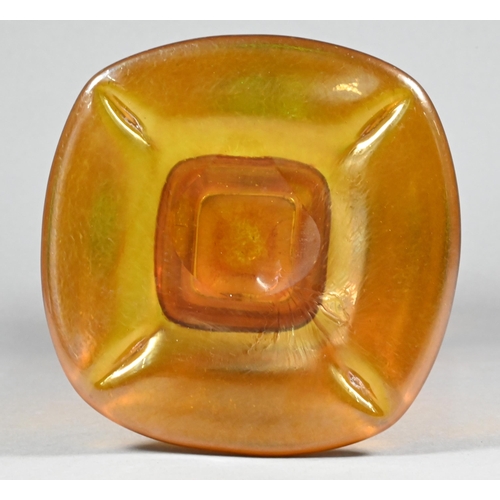 482 - An Art Nouveau square glass vase in the manner of Loetz, with tangerine lustre mottled ground, appli... 