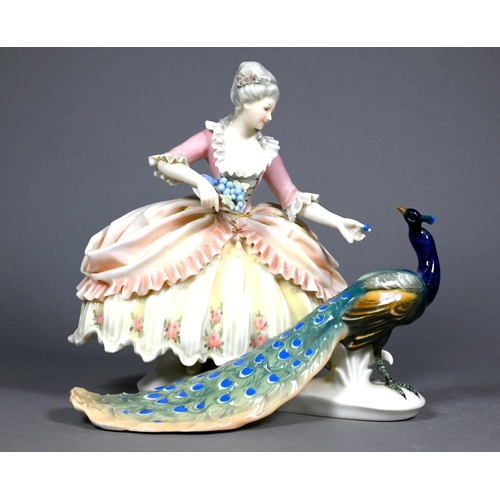 488 - A Karl Ens (Volkstedt) group - 18th century lady with peacock, 20 cm high