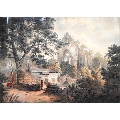 501 - James Bourne (1773-1854) - A ramshackle house by a ruined Abbey, watercolour, 44.5 x 51 cm