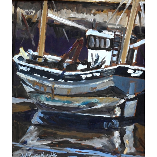 518 - C A Micklethwaite - Fishing boat, oil on board, signed lower left, 33 x 29 cm