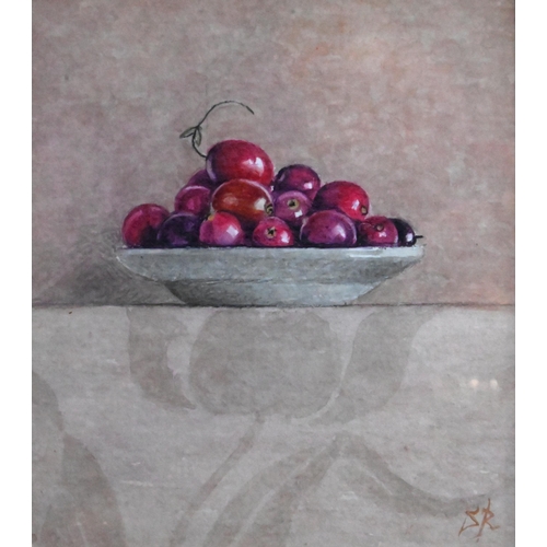 521 - Sue Read - 'Cranberries', watercolour, signed with initials lower right, 10 x 9 cm, Mall Galleries l... 