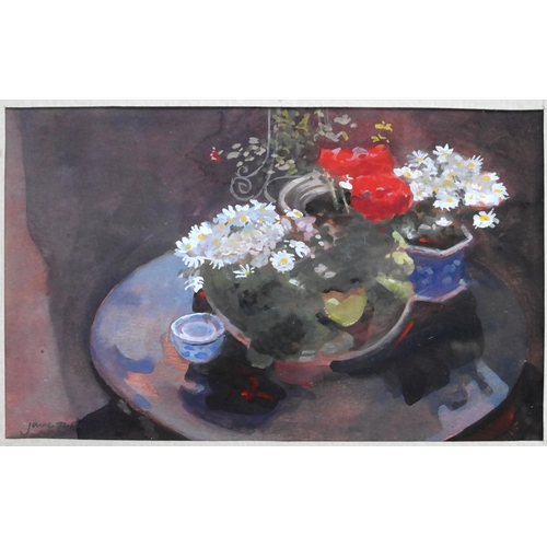 522 - Jane Taylor - 'Garden table', watercolour, signed lower left, 8.5 x 13.5 cm